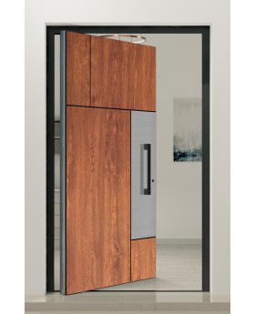 PIVOT V35 - Puerta de entrada de aluminio con textura de madera y decoración inoxidable.