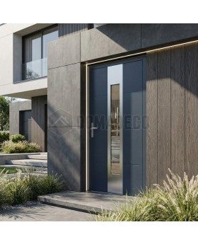Puerta de entrada de aluminio antracita con cristal.