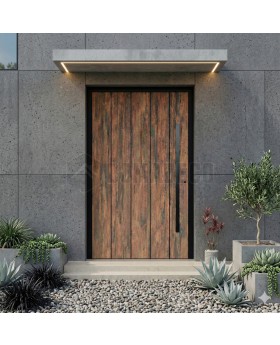 puerta de entrada revestida de HPL imitación madera