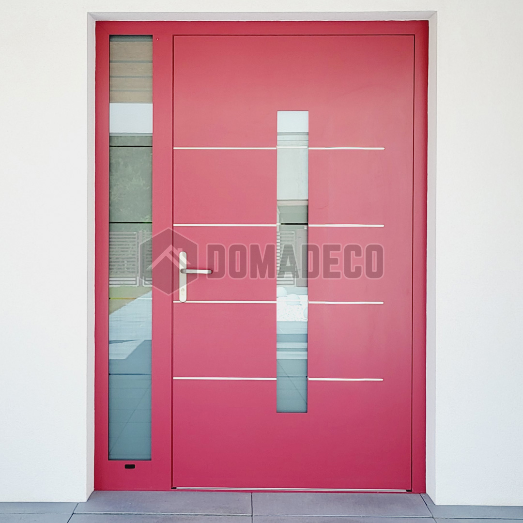 Puerta de aluminio roja con panel lateral izquierdo 
