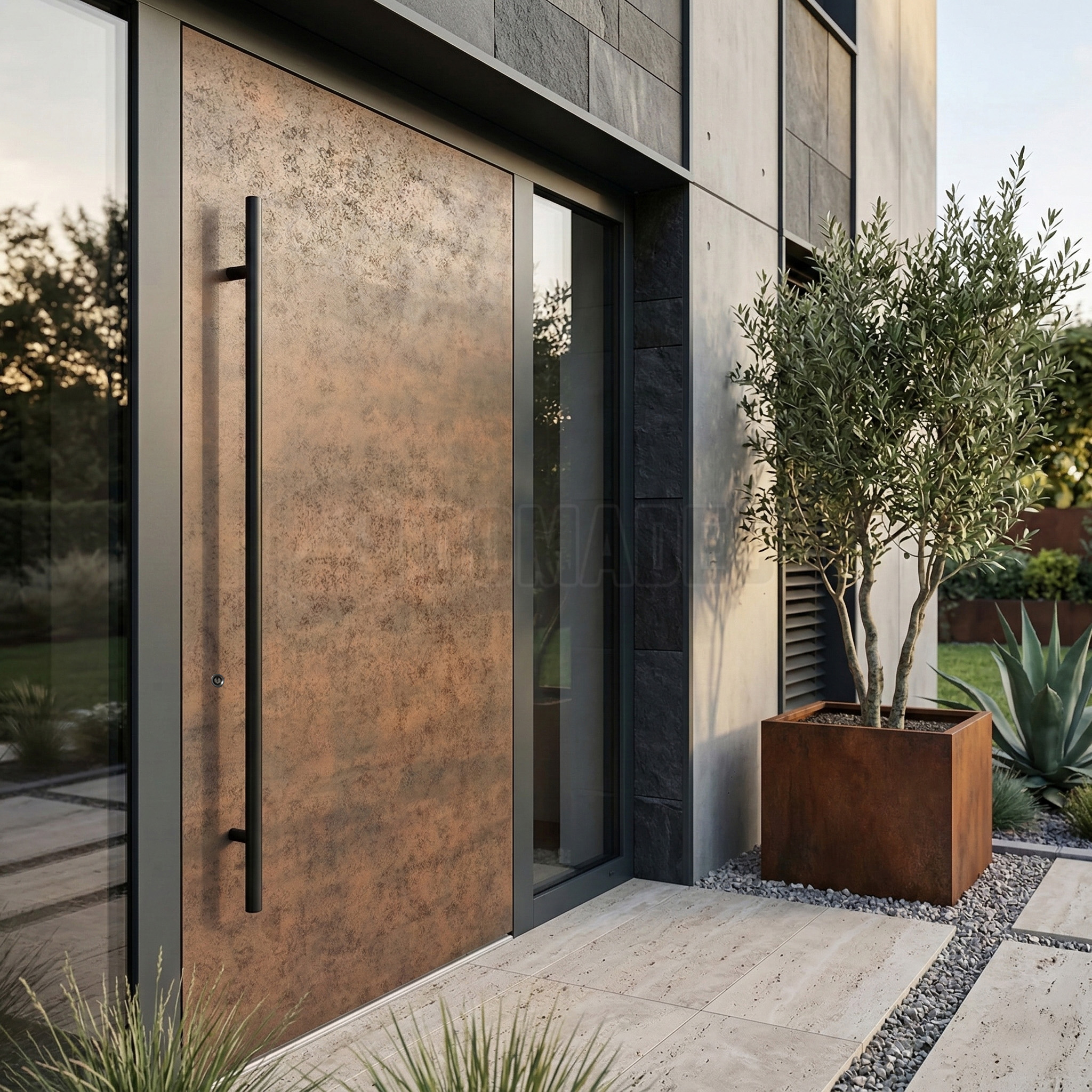 Puerta de entrada de aluminio con revestimiento de cuarzo sinterizado