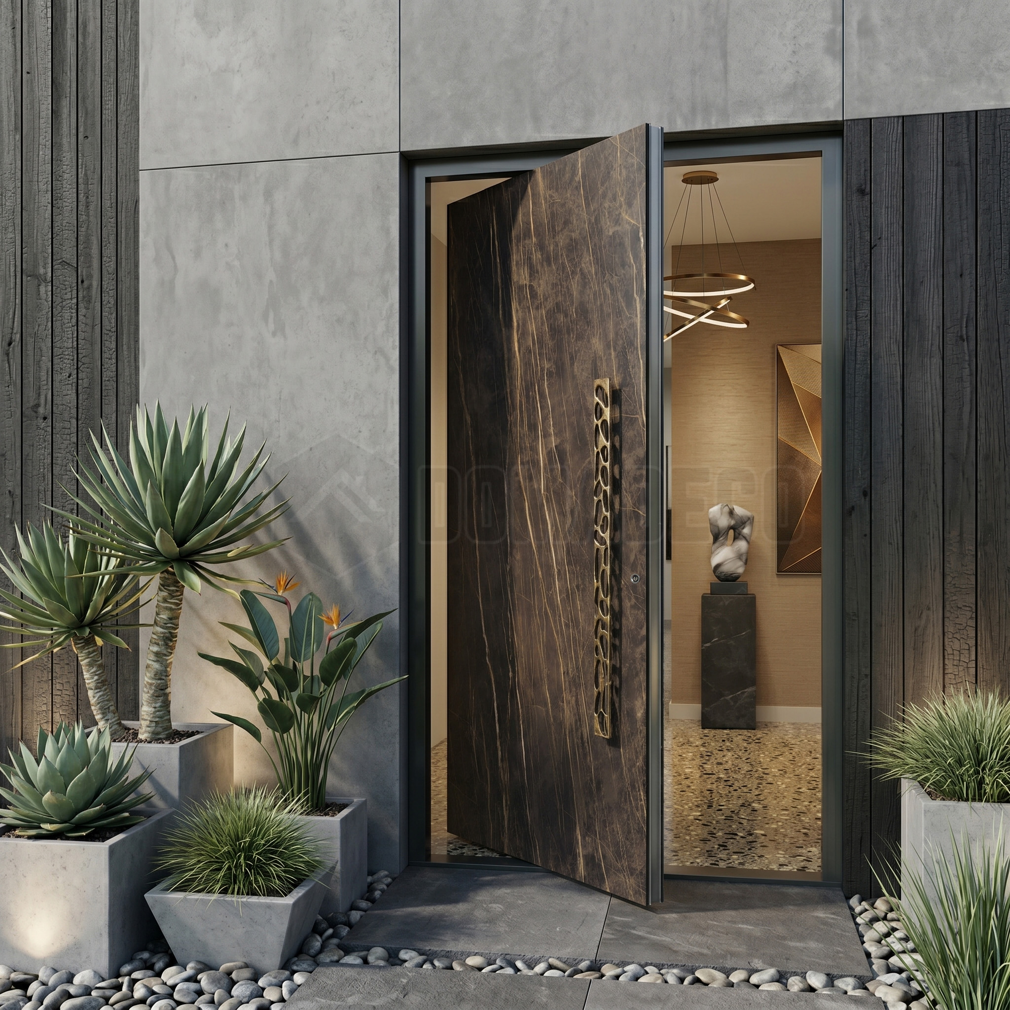 Puerta batiente de aluminio revestida con cuarzo sinterizado Noir Desir
