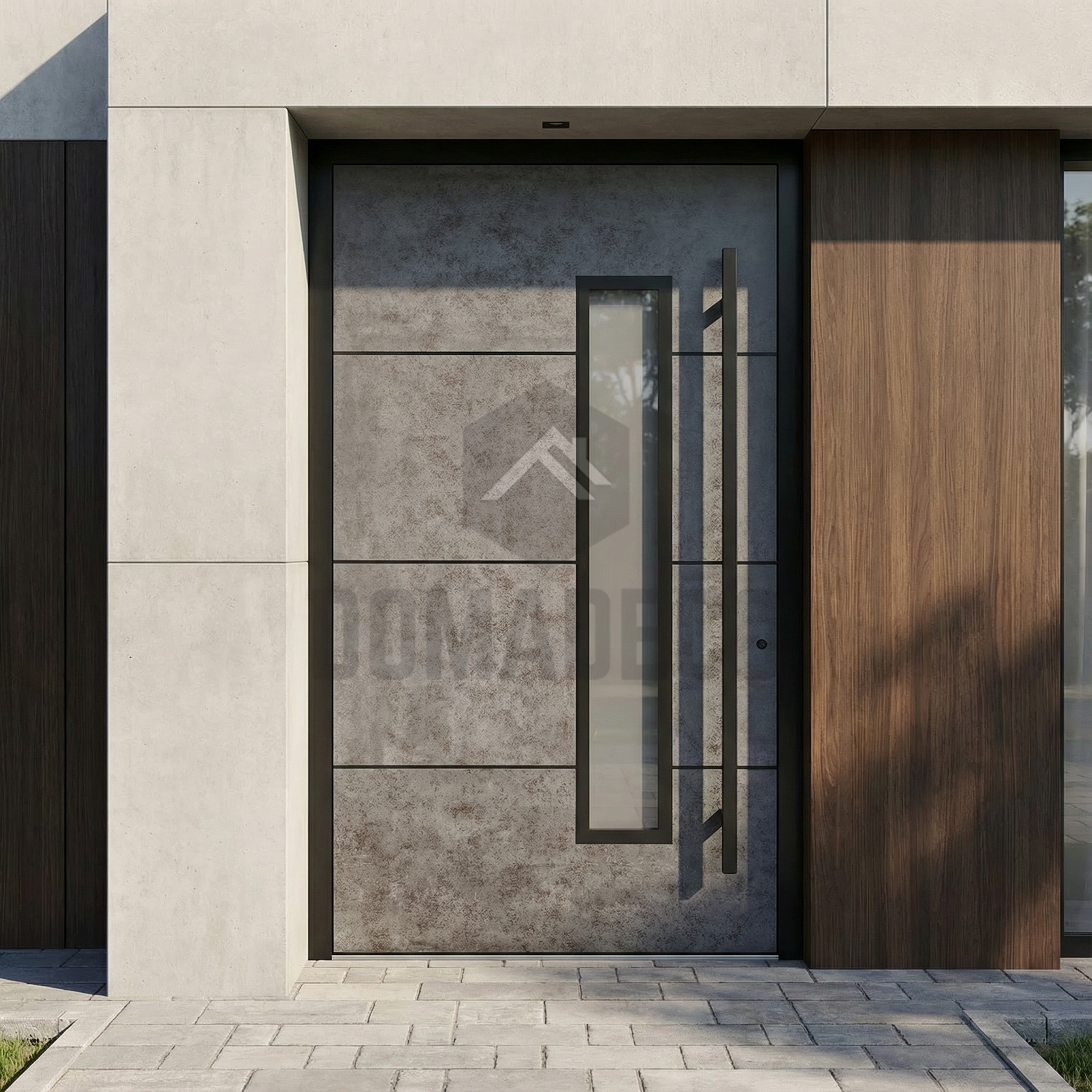 Puerta de entrada de aluminio con revestimiento de cuarzo sinterizado