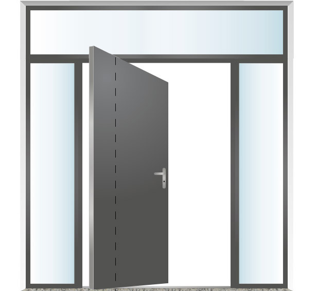 Puerta pivotante con panel de cristal izquierdo, derecho y superior